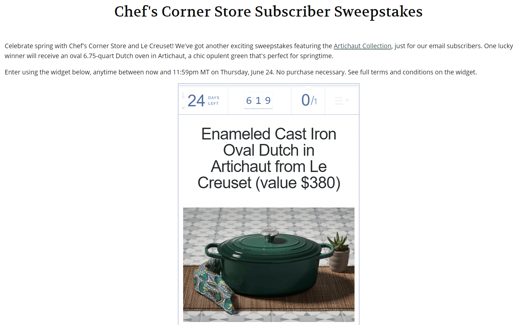 A brief entry form for a cooking-themed giveaway, a quick way to boost online sales fast.