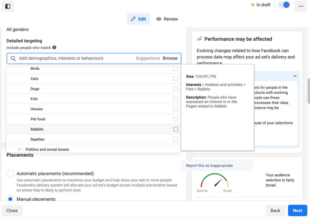 Selecting the interests of your target audience in Facebook ads.