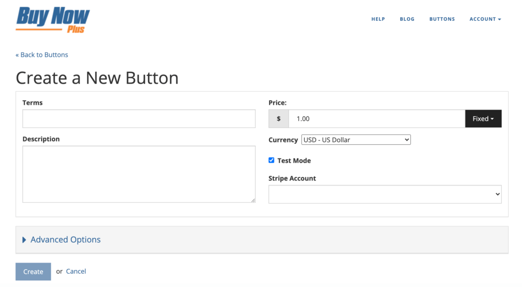 The screen to create a new button with Buy Now Plus.