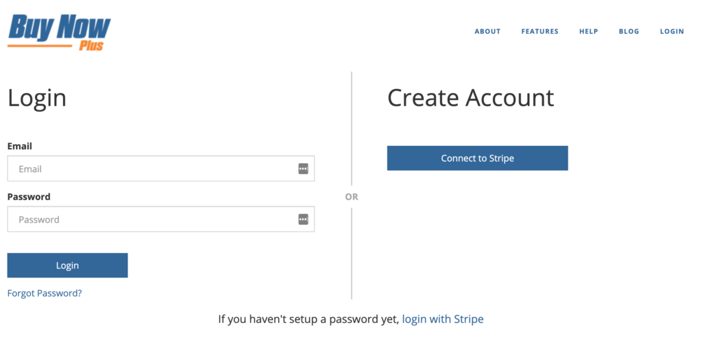 The Buy Now Plus login screen.
