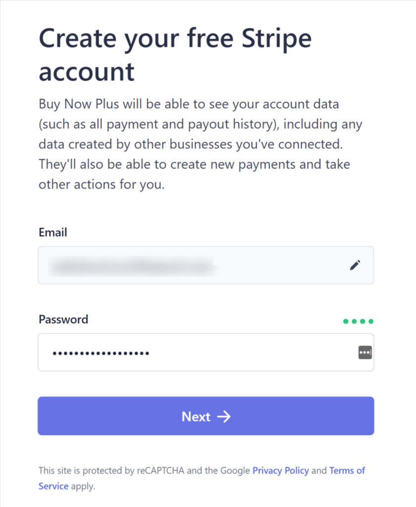 create a free Stripe account in Buy Now Plus