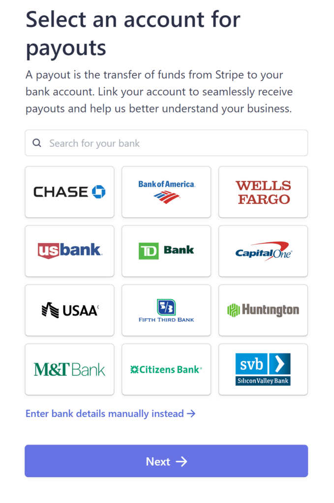 Select an account for Stripe payouts in Buy Now Plus