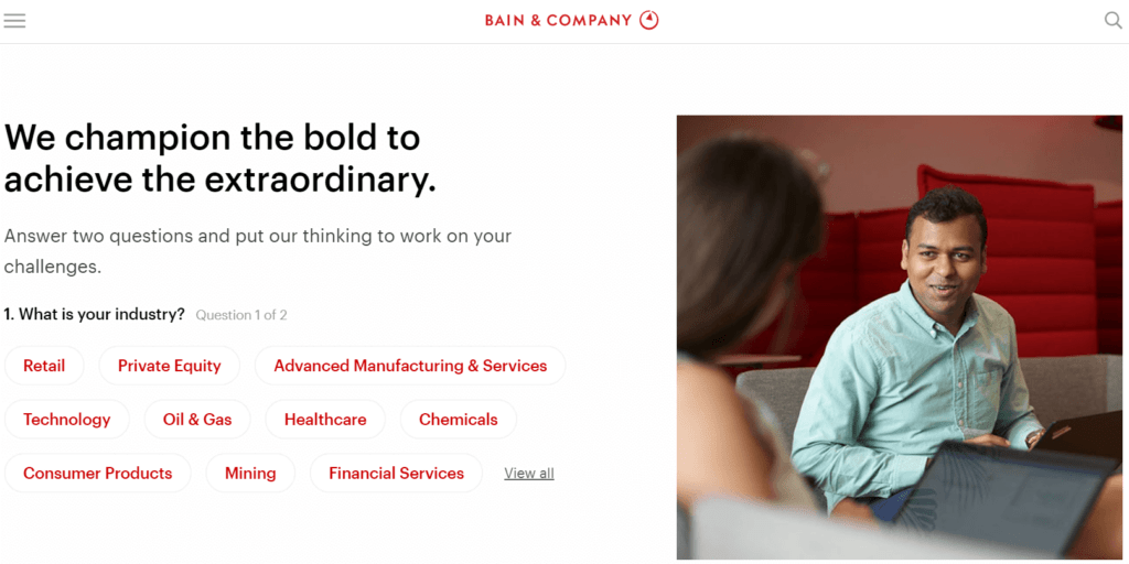 Homepage of a consulting company called Bain & Company