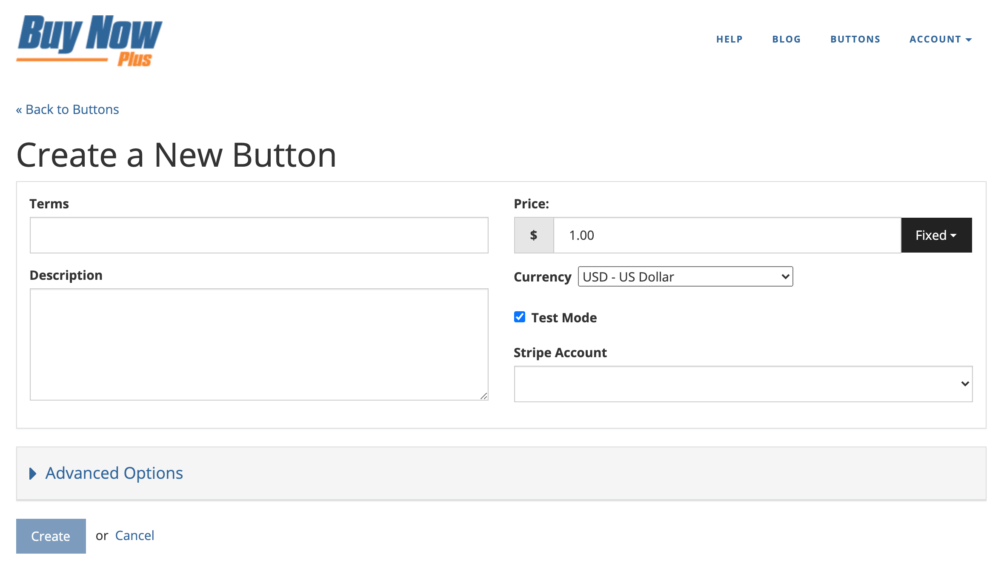 The 'create a new button' interface on Buy Now Plus