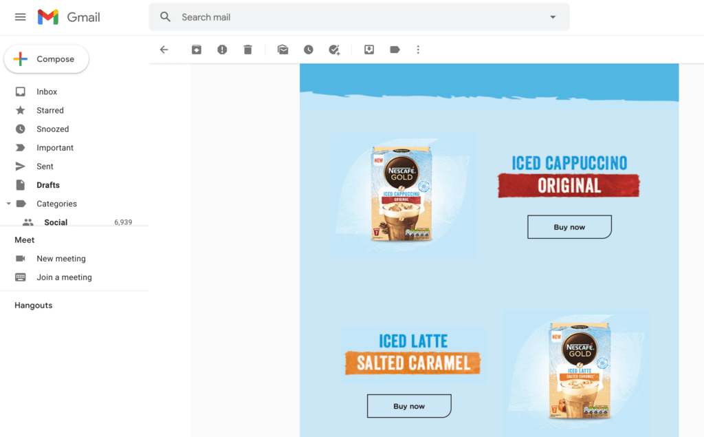 An example of Buy Now buttons inside an email. 