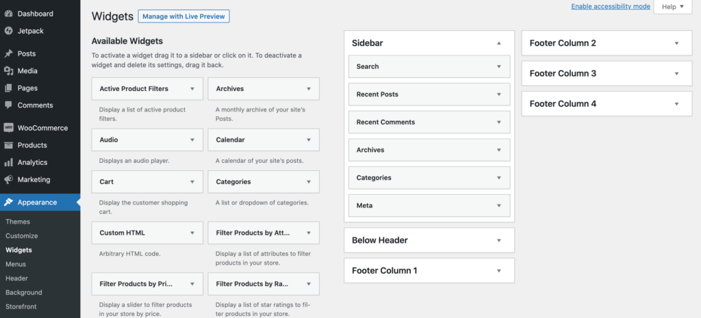 The WordPress widgets dashboard. 