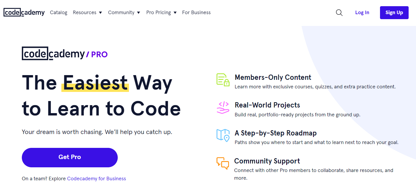 The Codecademy membership site home page.