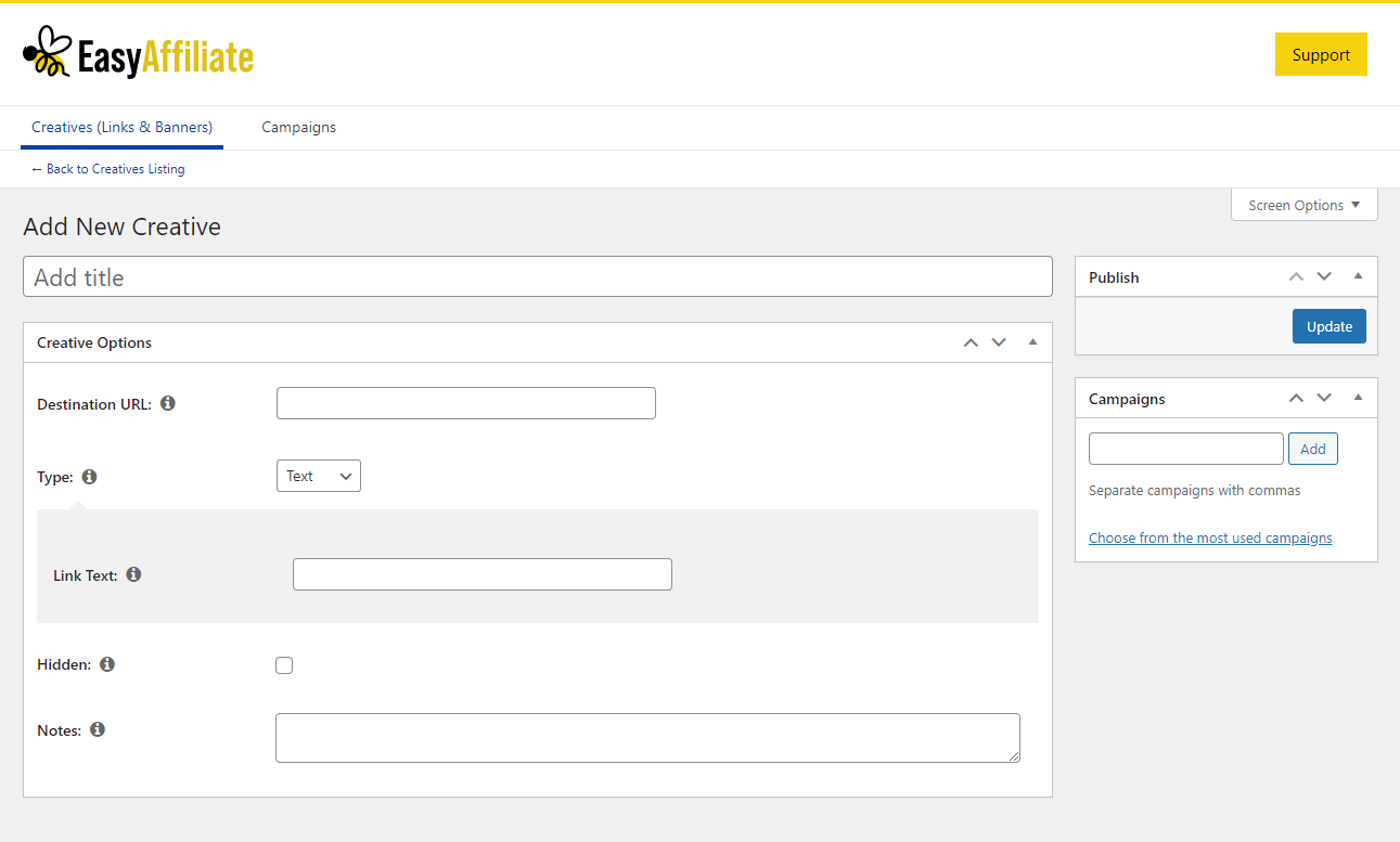 The creative creation screen for Easy Affiliates.
