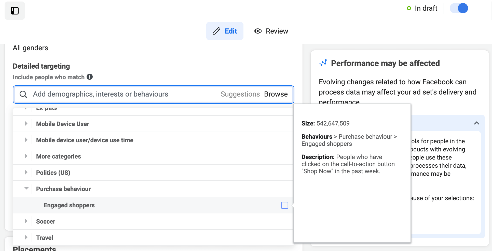 Facebook's targeted audience settings.