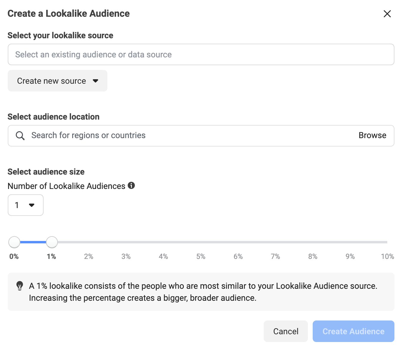Facebook's Lookalike Audience settings.