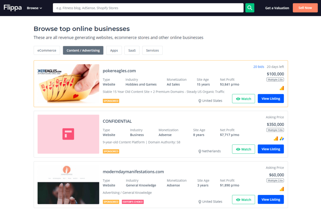 Searching for online businesses to buy on Flippa.