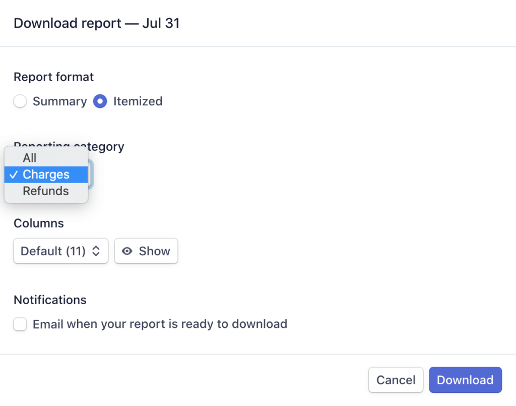 The charges and refunds settings, in the Stripe Report dashboard.