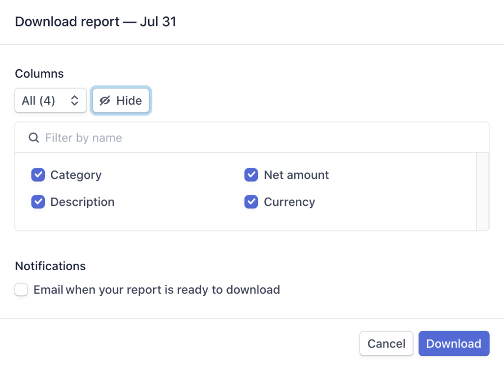 Stripe's Download Report dialog. 