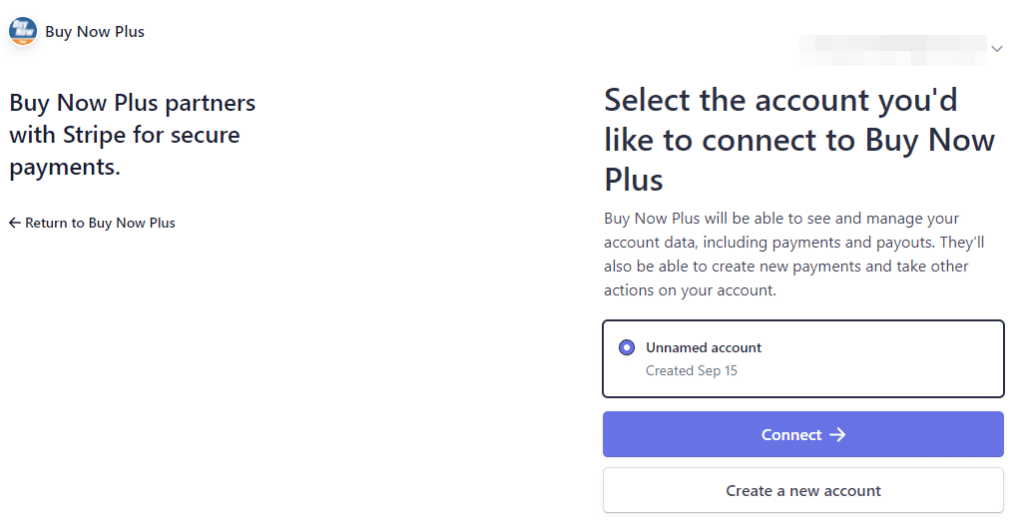 Connecting a Stripe account to Buy Now Plus.