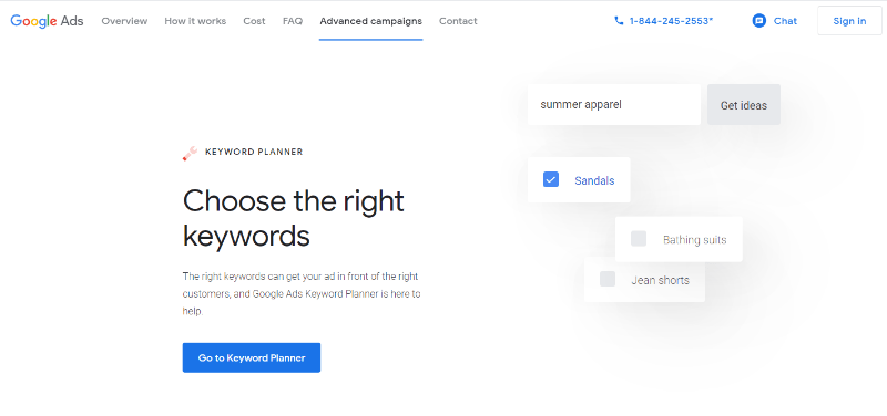 The Google Keyword Planner website.